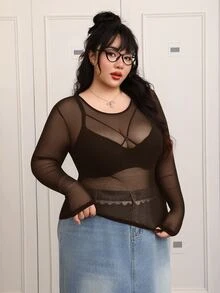 CovetEZ Plus-Size Women's Black Sexy See-Through Lace Top, Suitable For Layering Or Wearing Alone. - Coffee Brown - View 3