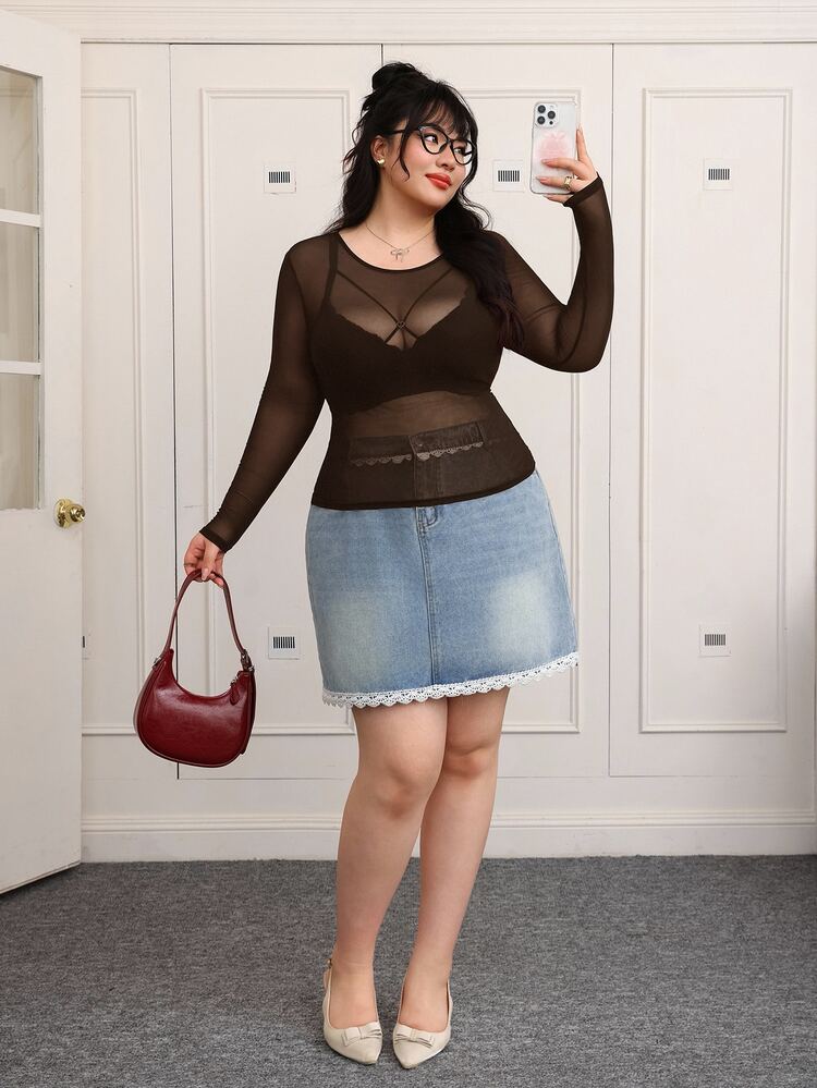CovetEZ Plus-Size Women's Black Sexy See-Through Lace Top, Suitable For Layering Or Wearing Alone. - Coffee Brown - View 4