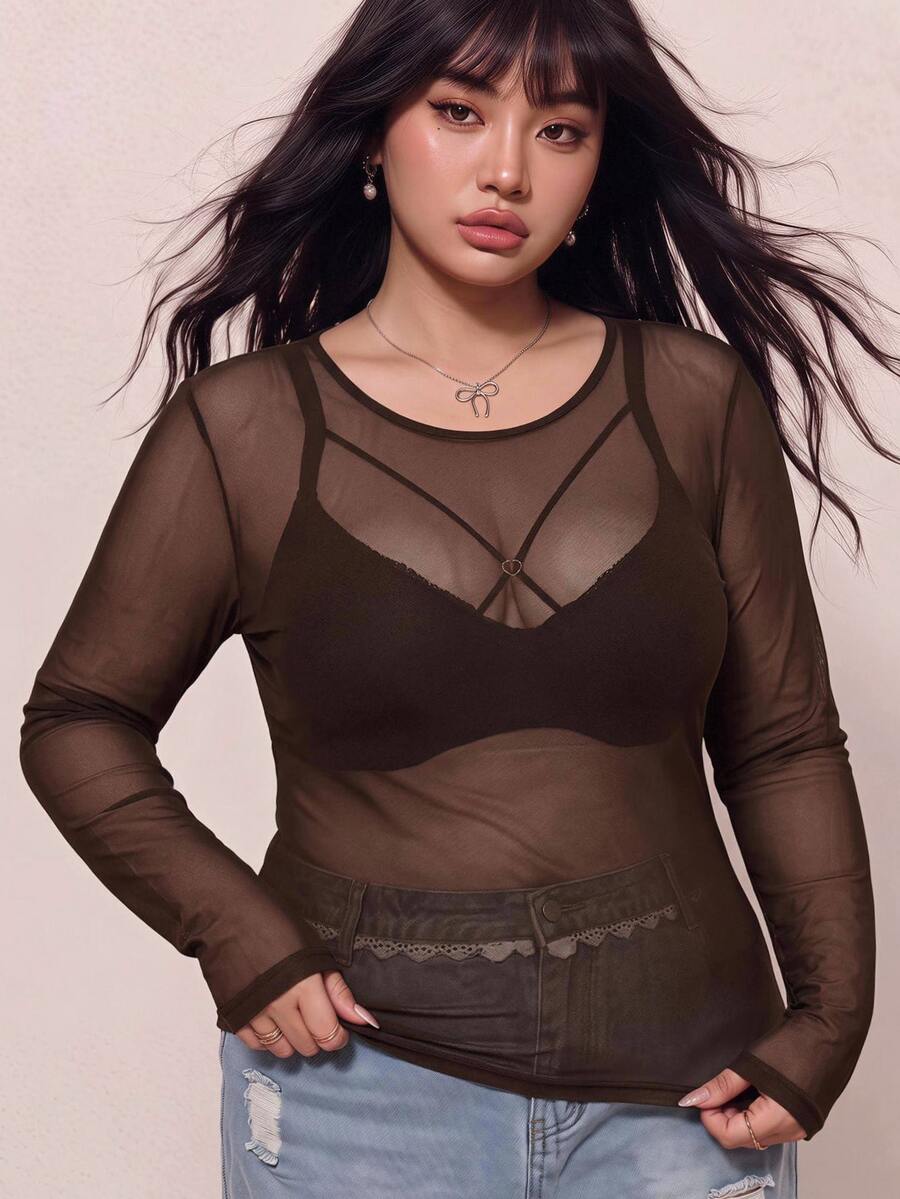CovetEZ Plus-Size Women's Black Sexy See-Through Lace Top, Suitable For Layering Or Wearing Alone. - Coffee Brown - View 1