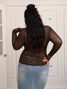CovetEZ Plus-Size Women's Black Sexy See-Through Lace Top, Suitable For Layering Or Wearing Alone. - Coffee Brown - View 2