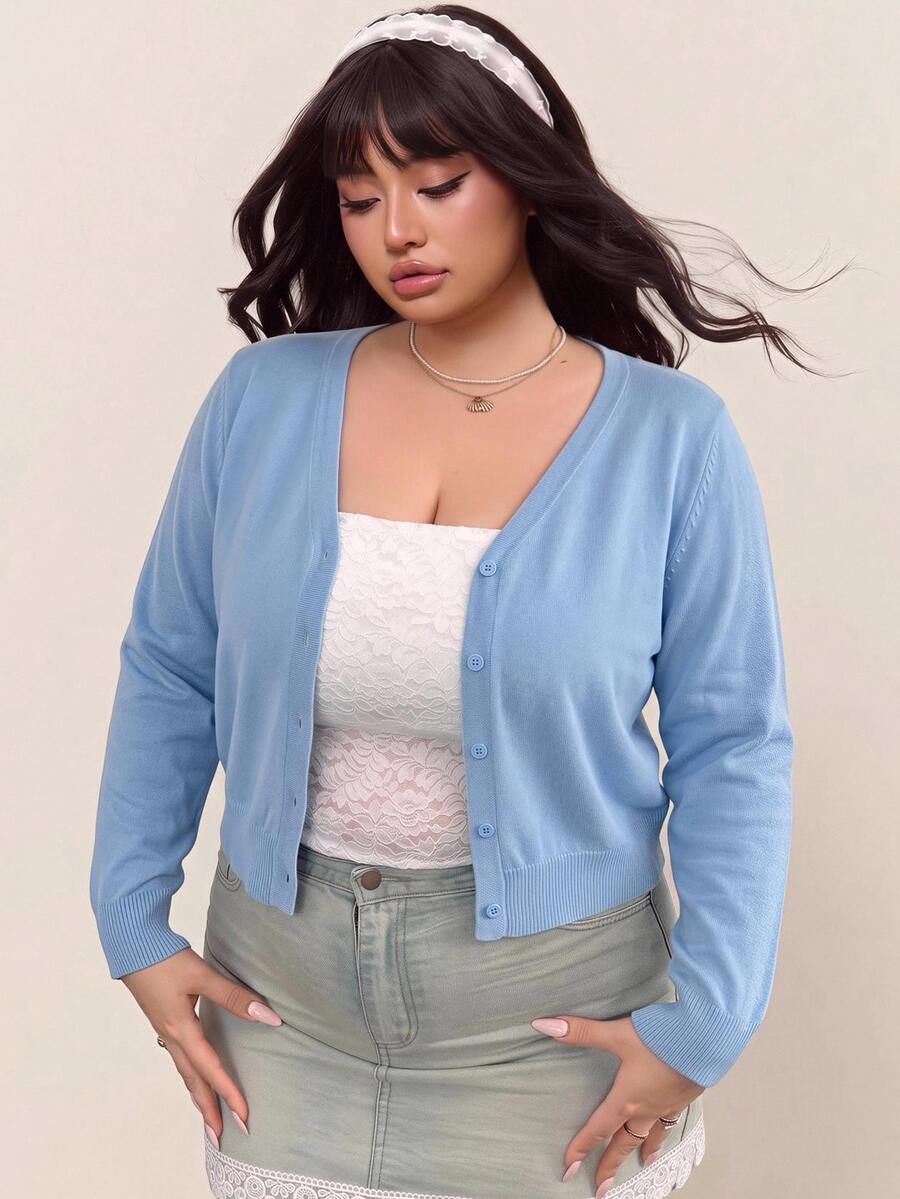 CovetEZ Plus Solid Button Front Cardigan Formal School College Light Blue Autumn Casual Baggy Soft Form Winter Office Graduation - Blue - View 1