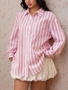 CovetEZ Spring/Summer New Pink Striped Casual Traditional Elegant Plus Size Shirt With Pocket Formal - Multicolor - View 3