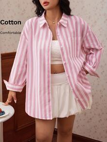CovetEZ Spring/Summer New Pink Striped Casual Traditional Elegant Plus Size Shirt With Pocket Formal - Multicolor - View 4