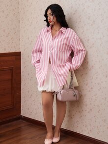 CovetEZ Spring/Summer New Pink Striped Casual Traditional Elegant Plus Size Shirt With Pocket Formal - Multicolor - View 6