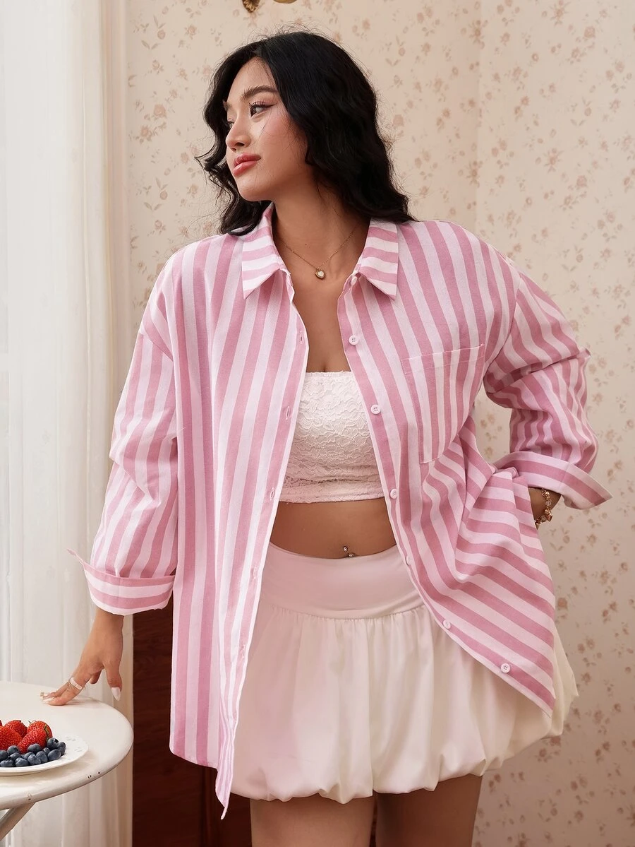 CovetEZ Spring/Summer New Pink Striped Casual Traditional Elegant Plus Size Shirt With Pocket Formal - Multicolor - View 1
