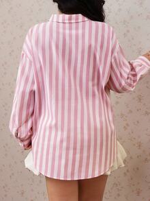 CovetEZ Spring/Summer New Pink Striped Casual Traditional Elegant Plus Size Shirt With Pocket Formal - Multicolor - View 2