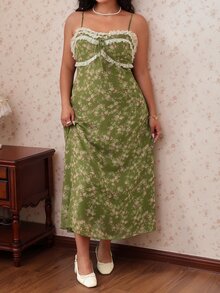 CovetEZ Spring Summer New Romantic Elegant Curve Traditional Cottage Core Floral Mesh Ruffle Tie Strap Vacation Casual Plus Size Cami Dress Emerald Green - Green - View 3