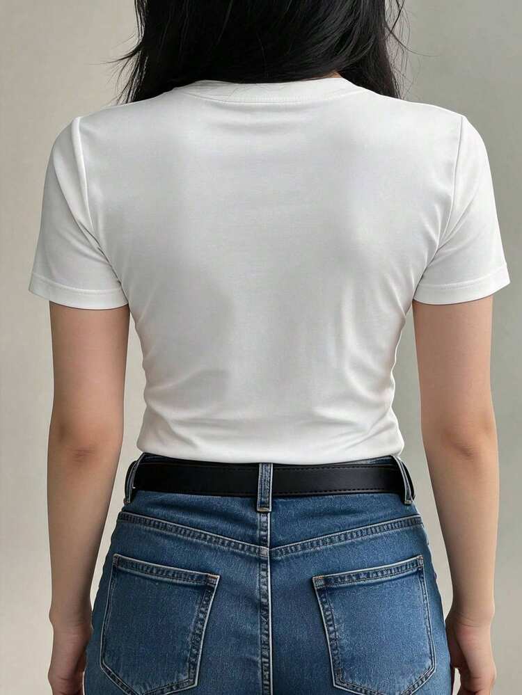 DAZY Women's Pure Cotton Solid Color Fitted Bodycon T-Shirt - White - View 3