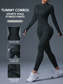 Eassivo Eassivo Solid Color Stand Collar Raglan Sleeve Casual Slim Ribbed Zip-Up Long Sleeve Jumpsuit - Grey - View 5