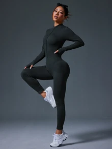 Eassivo Eassivo Solid Color Stand Collar Raglan Sleeve Casual Slim Ribbed Zip-Up Long Sleeve Jumpsuit - Grey - View 9