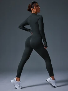 Eassivo Eassivo Solid Color Stand Collar Raglan Sleeve Casual Slim Ribbed Zip-Up Long Sleeve Jumpsuit - Grey - View 6