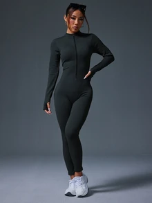 Eassivo Eassivo Solid Color Stand Collar Raglan Sleeve Casual Slim Ribbed Zip-Up Long Sleeve Jumpsuit - Grey - View 7