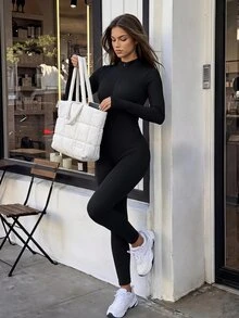 Eassivo Eassivo Solid Color Stand Collar Raglan Sleeve Casual Slim Ribbed Zip-Up Long Sleeve Jumpsuit - Grey - View 3