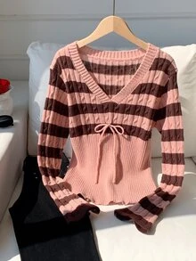 Comfortcana Women's Sweet Ribbed Striped Colorblock Tie Sweater, Women Fall Winter Sweater, Cute Pink, Office Wear - Pink - View 3