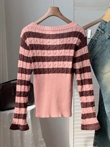 Comfortcana Women's Sweet Ribbed Striped Colorblock Tie Sweater, Women Fall Winter Sweater, Cute Pink, Office Wear - Pink - View 2