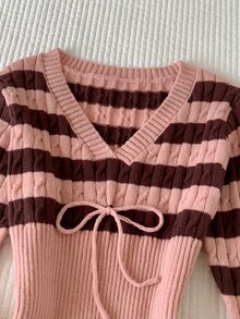 Comfortcana Women's Sweet Ribbed Striped Colorblock Tie Sweater, Women Fall Winter Sweater, Cute Pink, Office Wear - Pink - View 8