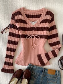 Comfortcana Women's Sweet Ribbed Striped Colorblock Tie Sweater, Women Fall Winter Sweater, Cute Pink, Office Wear - Pink - View 1