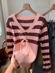 Comfortcana Women's Sweet Ribbed Striped Colorblock Tie Sweater, Women Fall Winter Sweater, Cute Pink, Office Wear - Pink - View 5