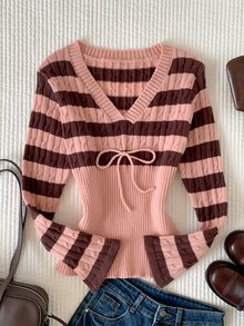 Comfortcana Women's Sweet Ribbed Striped Colorblock Tie Sweater, Women Fall Winter Sweater, Cute Pink, Office Wear - Pink - View 4