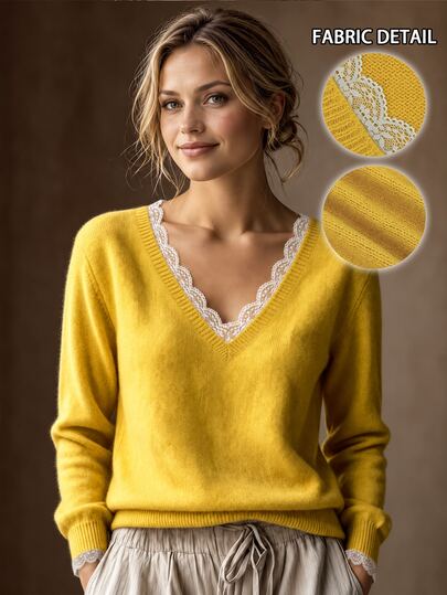 Weeklong Plus Size Women's Autumn/Winter Casual Style Minimalist Versatile Gentle V-Neck Lace Trim Solid Color Loose Knit Top