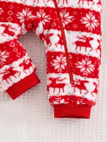 SHEIN 嬰兒男孩女孩聖誕雙面毛絨可愛提花連帽前開襟拉鍊加厚連身衣長褲，適合秋冬冬季 - 紅白色 - 查看 5