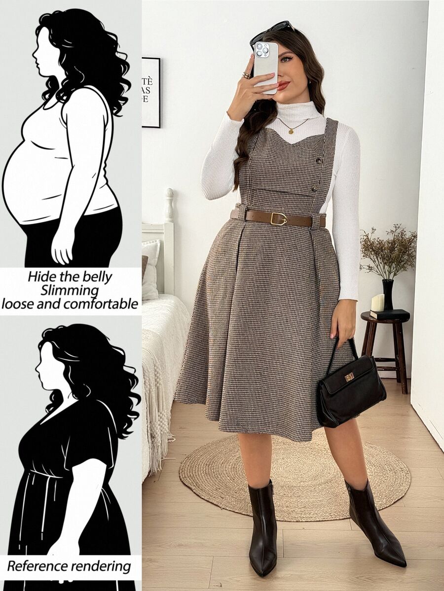Easowa Curve Plus Size Women's Houndstooth Button Design Elegant Casual Pinafore Dress Office Formal White Brown Summer - Coffee Brown - View 1
