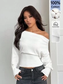 SHEIN PETITE Women's White Cotton-Blend Casual/Workwear Sweater (Petite Fit) - White - View 3