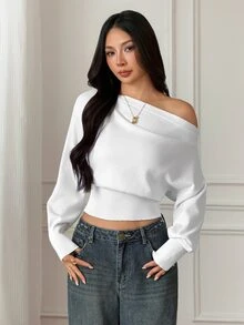 SHEIN PETITE Women's White Cotton-Blend Casual/Workwear Sweater (Petite Fit) - White - View 7