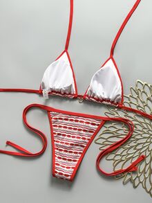 Swim Mod Women's New Fashion Sexy Textured Fabric Bikini Set With Shell Pendant, Bikini Swimwear For Vacation, Cruise, Beach Wear - Red - View 2