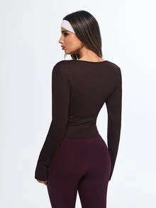 Eassivo Eassivo V-Neck Criss-Cross Wrap Tie Front Long Sleeve Active T-Shirt - Brown - View 2