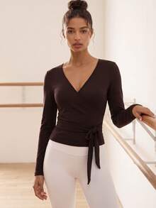 Eassivo Eassivo V-Neck Criss-Cross Wrap Tie Front Long Sleeve Active T-Shirt - Brown - View 1