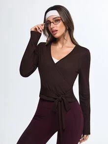 Eassivo Eassivo V-Neck Criss-Cross Wrap Tie Front Long Sleeve Active T-Shirt - Brown - View 4