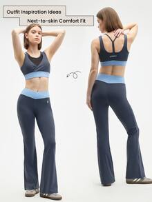 Eassivo Eassivo Women's Blue Contrast Color Sports Athletic Set, Stylish Camisole And Flared Pants Workout Outfit For Active Lifestyle - Multicolor - View 8
