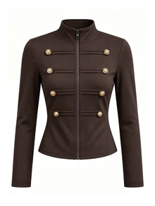 LUMIGAL Women's Fall Coffee-Colored Short Jacket, Stand Collar Full Zip Long Sleeve Slim Fit Top, Brown Double-Breasted Button Military Style, Retro Elegant - Coffee Brown - View 3