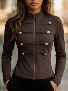 LUMIGAL Women's Fall Coffee-Colored Short Jacket, Stand Collar Full Zip Long Sleeve Slim Fit Top, Brown Double-Breasted Button Military Style, Retro Elegant - Coffee Brown - View 5