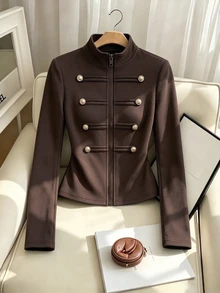 LUMIGAL Women's Fall Coffee-Colored Short Jacket, Stand Collar Full Zip Long Sleeve Slim Fit Top, Brown Double-Breasted Button Military Style, Retro Elegant - Coffee Brown - View 8