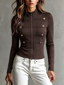 LUMIGAL Women's Fall Coffee-Colored Short Jacket, Stand Collar Full Zip Long Sleeve Slim Fit Top, Brown Double-Breasted Button Military Style, Retro Elegant - Coffee Brown - View 4