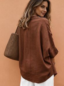 Weeklong Plus-Size Women's Spring/Summer Casual, Simple, And Versatile Resort-Style Khaki Solid-Color Loose-Fit Drop-Shoulder Collared Shirt-Perfect For Spring And Summer - Rust Brown - View 2