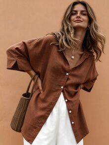 Weeklong Plus-Size Women's Spring/Summer Casual, Simple, And Versatile Resort-Style Khaki Solid-Color Loose-Fit Drop-Shoulder Collared Shirt-Perfect For Spring And Summer - Rust Brown - View 3