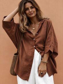 Weeklong Plus-Size Women's Spring/Summer Casual, Simple, And Versatile Resort-Style Khaki Solid-Color Loose-Fit Drop-Shoulder Collared Shirt-Perfect For Spring And Summer - Rust Brown - View 5