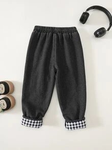 SHEIN Bubblio 兒童小男孩保暖內裡休閒日常旅行冬季長褲，附口袋 - 灰色 - 查看 2