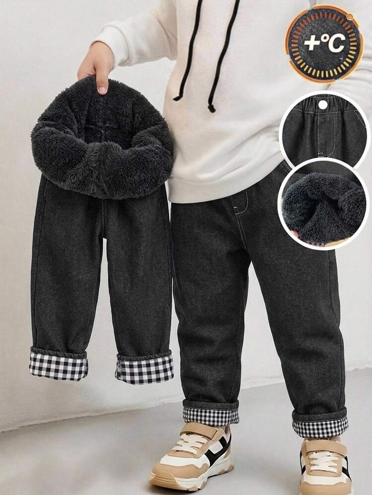 SHEIN Bubblio Kids Young Boy Thermal Lined Casual Daily Travel Winter Pants With Pockets - Grey - View 1
