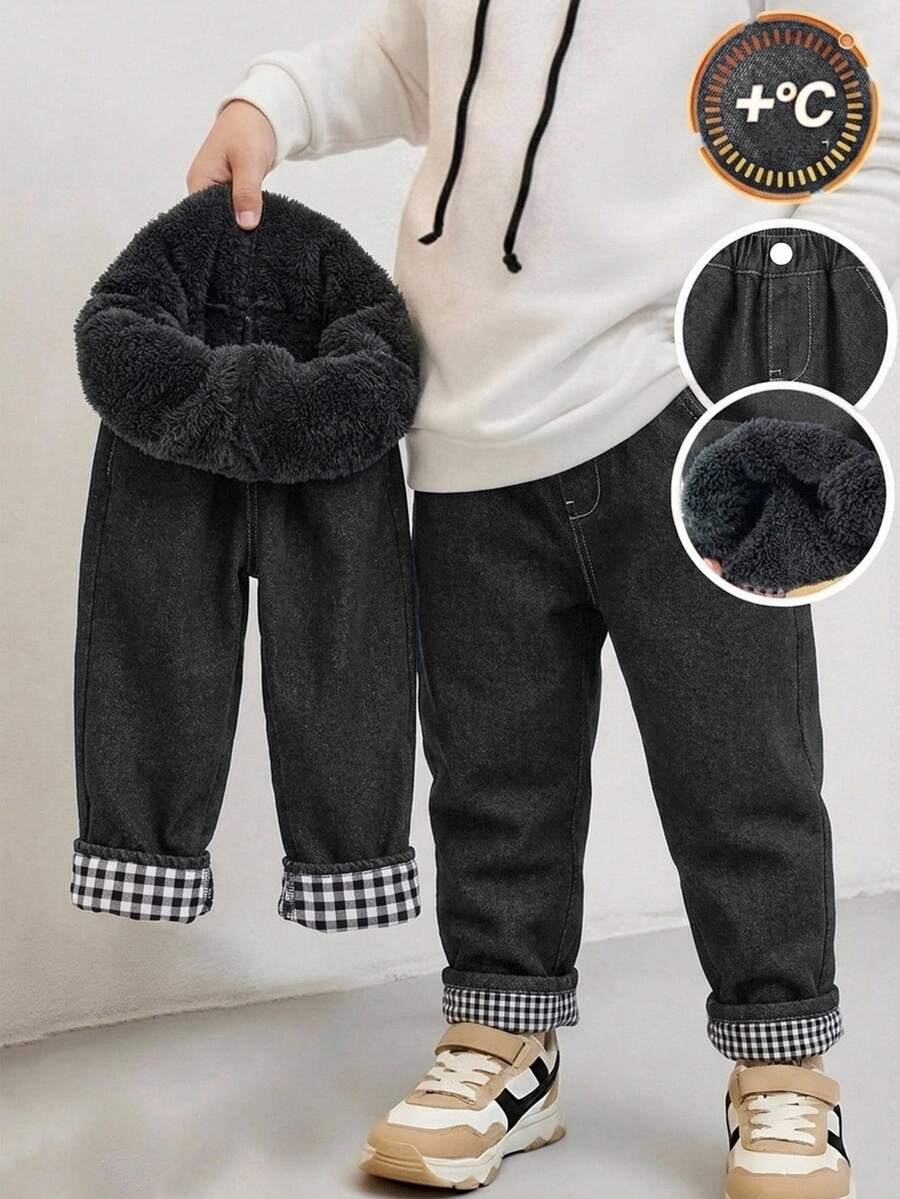 SHEIN Bubblio 兒童小男孩保暖內裡休閒日常旅行冬季長褲,附口袋 - 灰色 - 查看 1