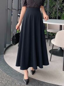 Livesso High Waist Solid Flare Skirt Fall Wedding Guest Women - Navy Blue - View 8