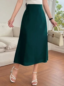 DAZY Summer Autumn New Solid Color A-Line Elegant Women's Mid-Length Skirt - Dark Green - View 5