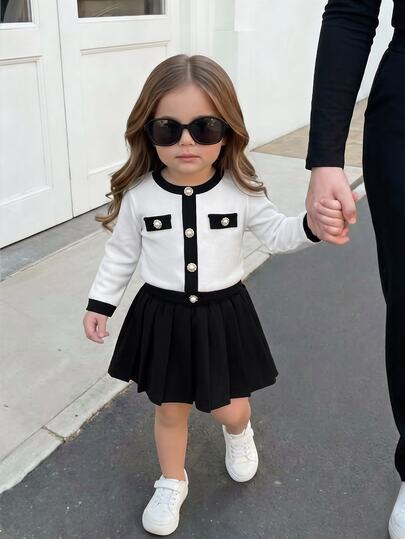 SHEIN Baby Girl Knit Colorblock Round Neck Casual T-Shirt And Skirt 2 Pieces Set,Black Skirt ,Fall Outfits ,Fall Sets,New Fall Styles,