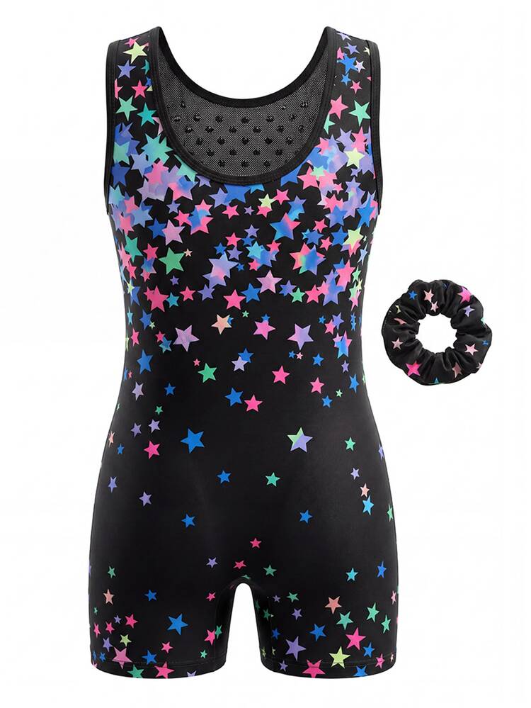 SHEIN Young Girls' Sleeveless Gymnastics Biketard (Unitard With Shorts), Rainbow Multi-Color Star Print, Mesh Upper Chest Panel, Knit 7th Birthday Autumn - Black - View 2