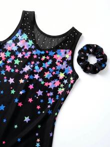 SHEIN 女童無袖體操連身衣（附短褲），彩虹多色星星印花，上胸部網布拼接，針織款，7歲生日秋季 - 黑色 - 查看 5