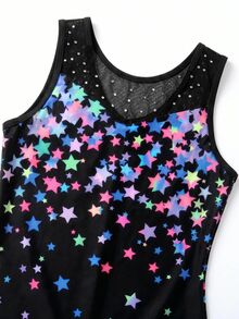 SHEIN 女童無袖體操連身衣（附短褲），彩虹多色星星印花，上胸部網布拼接，針織款，7歲生日秋季 - 黑色 - 查看 8
