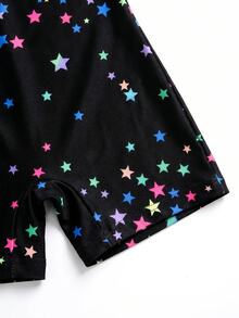 SHEIN 女童無袖體操連身衣（附短褲），彩虹多色星星印花，上胸部網布拼接，針織款，7歲生日秋季 - 黑色 - 查看 7